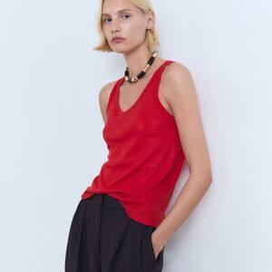 249. MANGO MNG Red 100% Strap Linen Tank Top $60 Like New XS